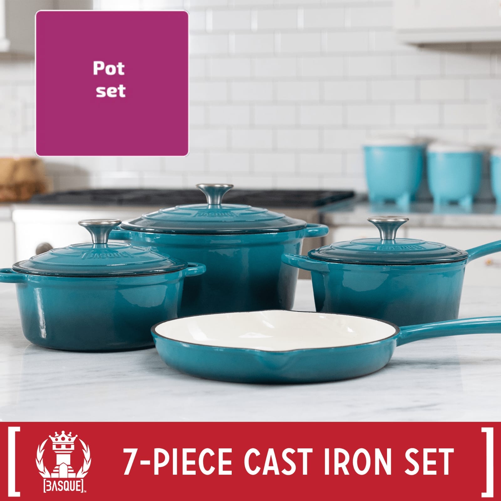7PC CAST IRON POT SET TURQUOISE