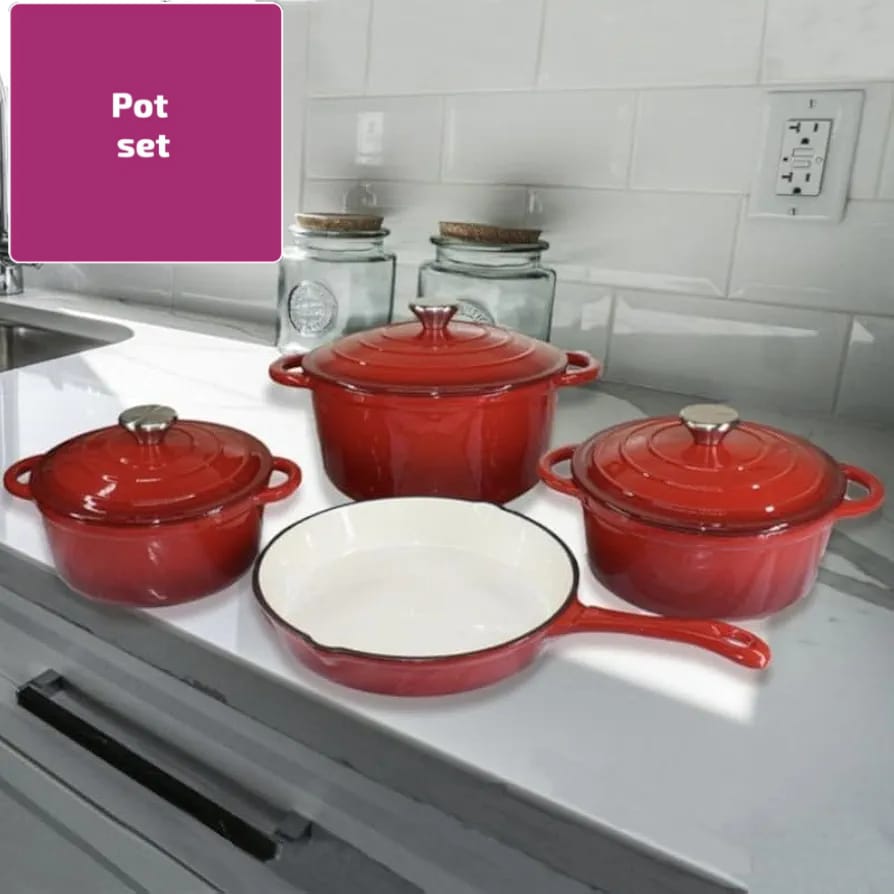 7pc CAST IRON POT SET RED