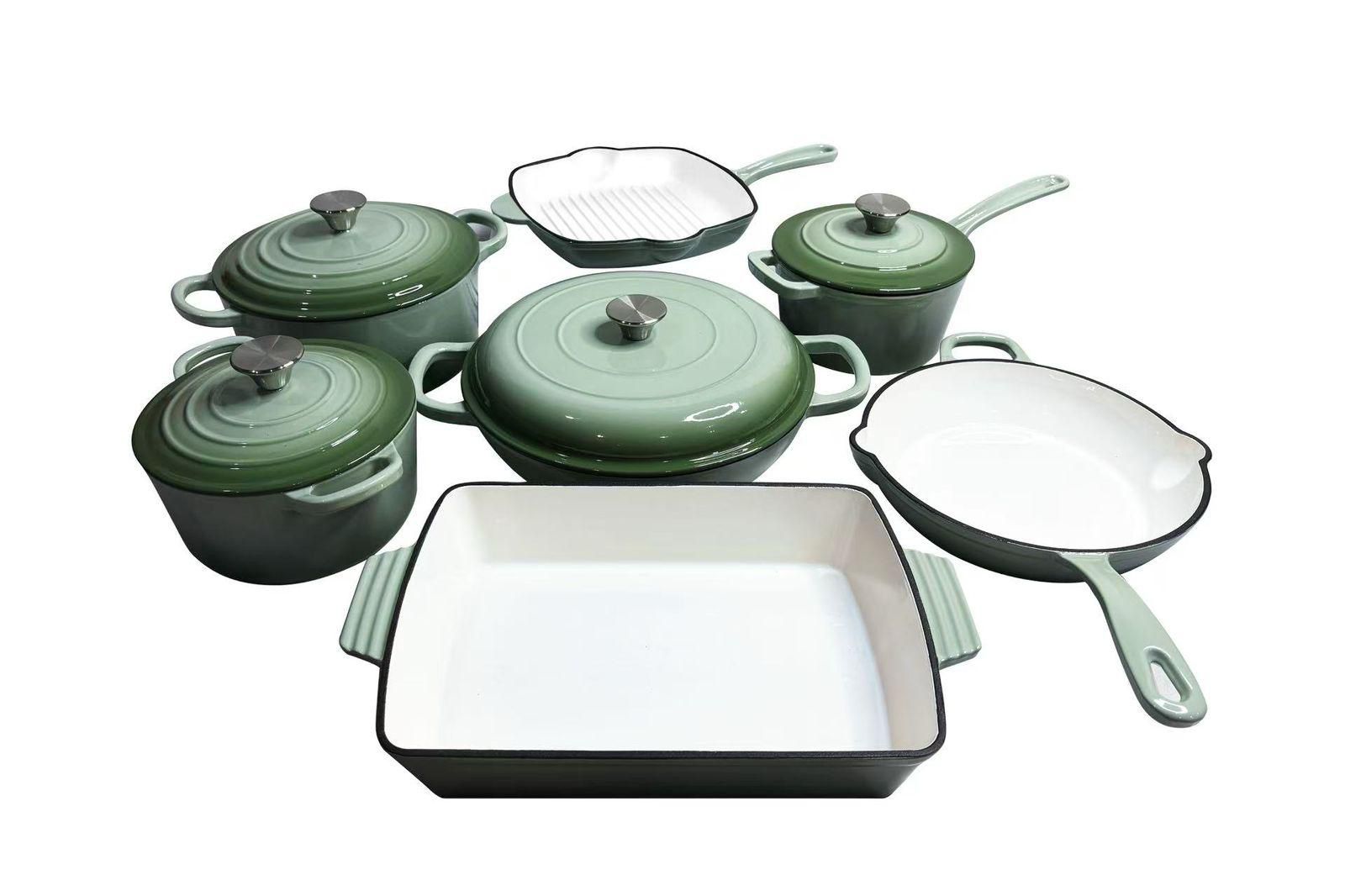 11pc CAST IRON POT SET OLIVE GREEN